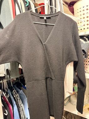 White House Black Market Black Ribbed V-Neck Sweater Dress